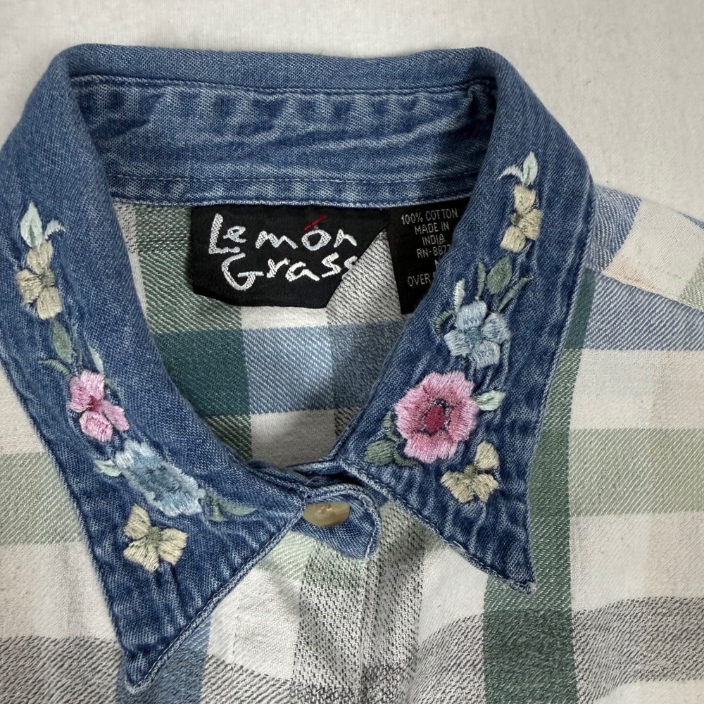 embroidered vintage Button Down Floral Denim MED Lemon Grass Women Plaid 90s - Picture 3 of 8